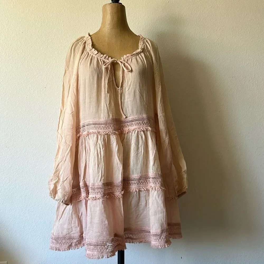 Eberjey Sz M Summer Of Love Sophia Beach Cover Up Long Sleeve Light Pink Dress